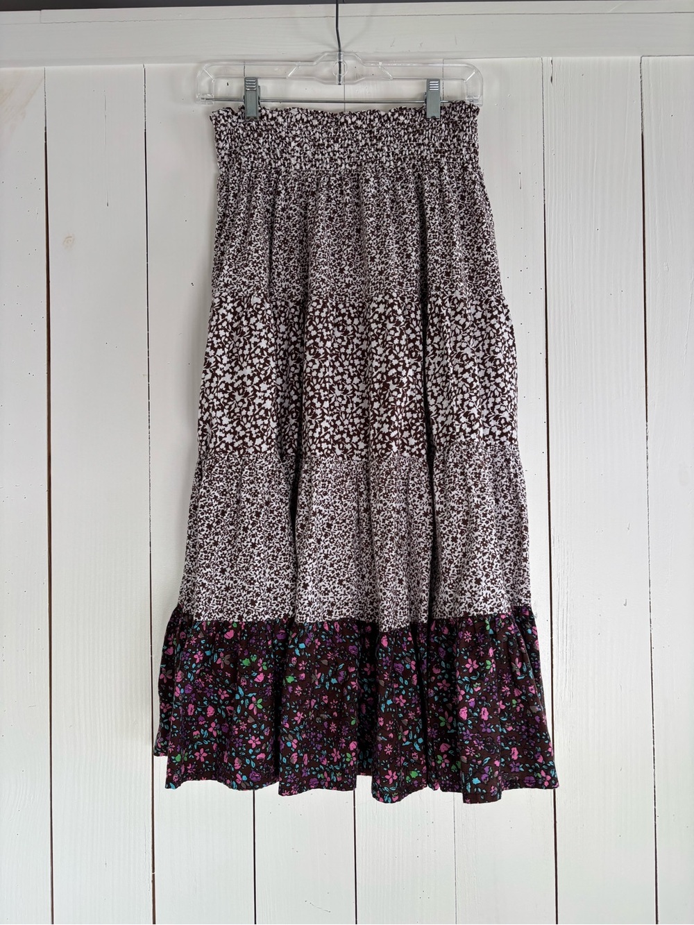 Women's Smocked Waist Tiered Floral Midi Skirt - Brown/White with Purple Accents